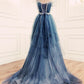 Elegant Ball Gown Straps Long Tulle Blue Prom Dress B492