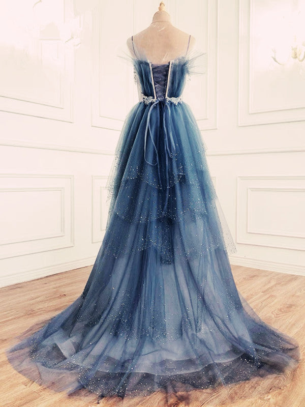 Elegant Ball Gown Straps Long Tulle Blue Prom Dress B492