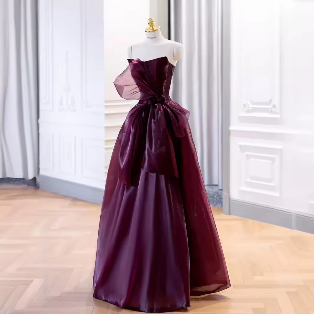 Robe de bal élégante sans bretelles en organza bordeaux longue robe de bal B503