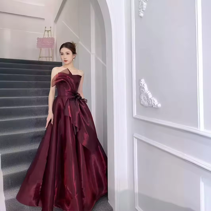 Robe de bal élégante sans bretelles en organza bordeaux longue robe de bal B503