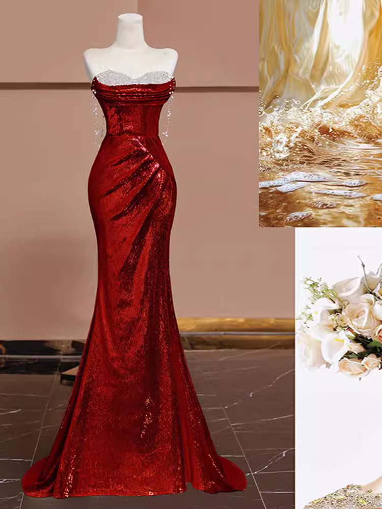 Sexy Mermaid Burgundy Sequin Long Prom Dress B361