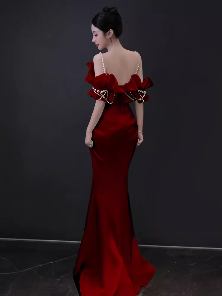 Modest Mermaid Strapless Red Satin Long Prom Dresses C15