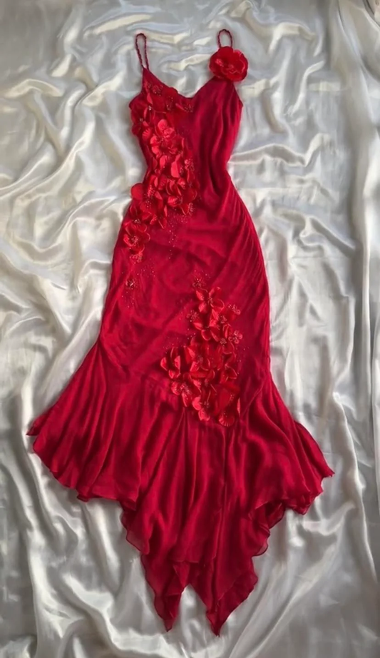 Robe de soirée en mousseline de soie rouge à bretelles spaghetti hautes et basses mignonnes S2511