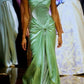 Robe de soirée longue en satin vert menthe, style vintage, ligne A, sans bretelles, avec pli, C3108