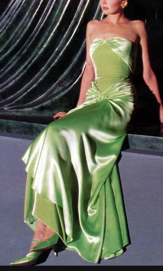 Robe de soirée longue en satin vert menthe, style vintage, ligne A, sans bretelles, avec pli, C3108