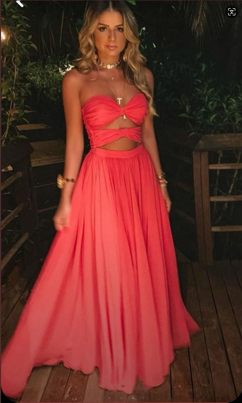 Robe de soirée longue rose à plis et jolie ligne A avec décolleté en cœur C2709