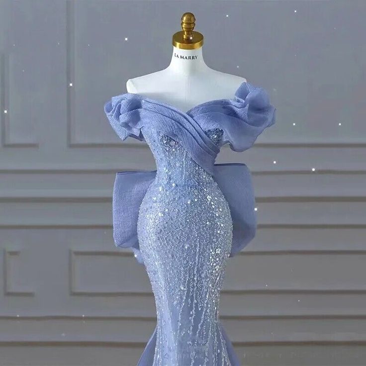 Robes de bal bleu scintillant avec nœud paillettes, épaules dénudées, robe de soirée formelle C300