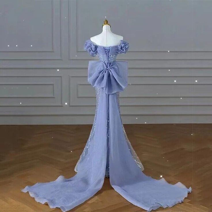 Robes de bal bleu scintillant avec nœud paillettes, épaules dénudées, robe de soirée formelle C300