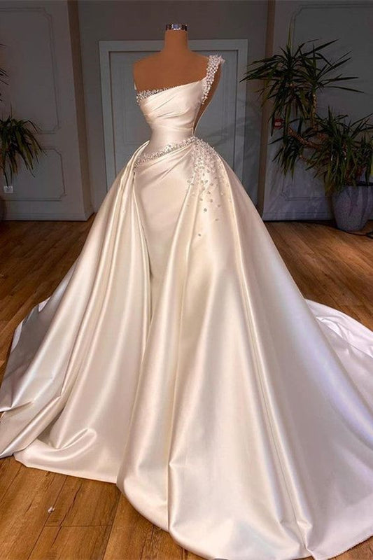 Superbe robe de mariée asymétrique bateau trapèze avec perle C314