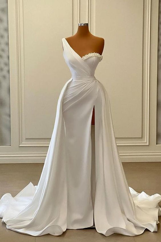 Elegant One Shoulder White Long Prom Dress Ruched Satin Mermaid Wedding Dress C315