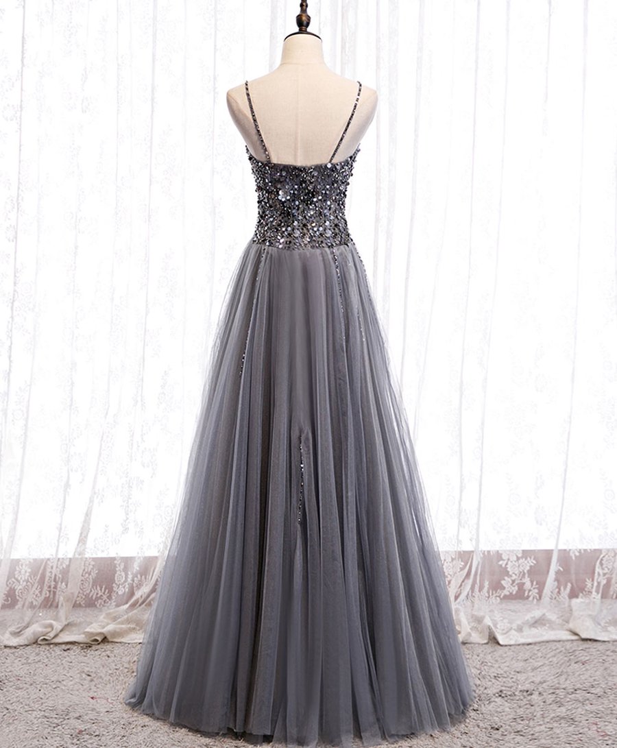 Robe de bal longue grise en tulle à col en cœur et perles à paillettes BD65