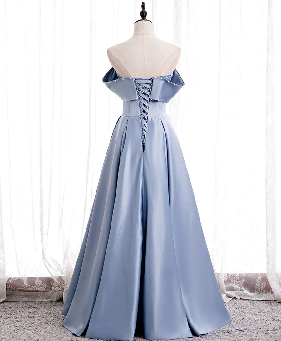 Robe de bal longue en satin bleu à épaules dénudées, robe de soirée bleue BD80