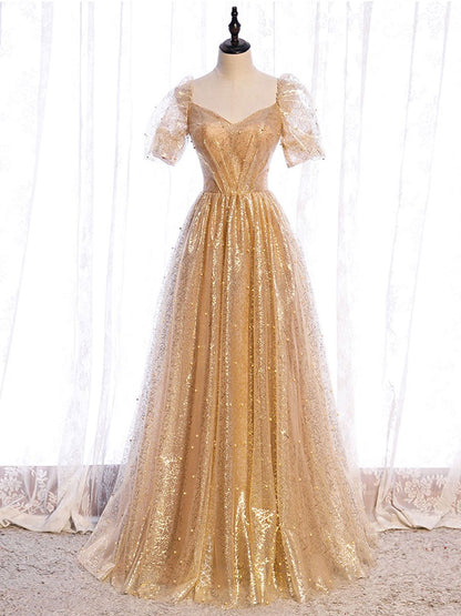 Robe de bal longue en tulle doré à col en V, robe formelle en tulle doré BD78