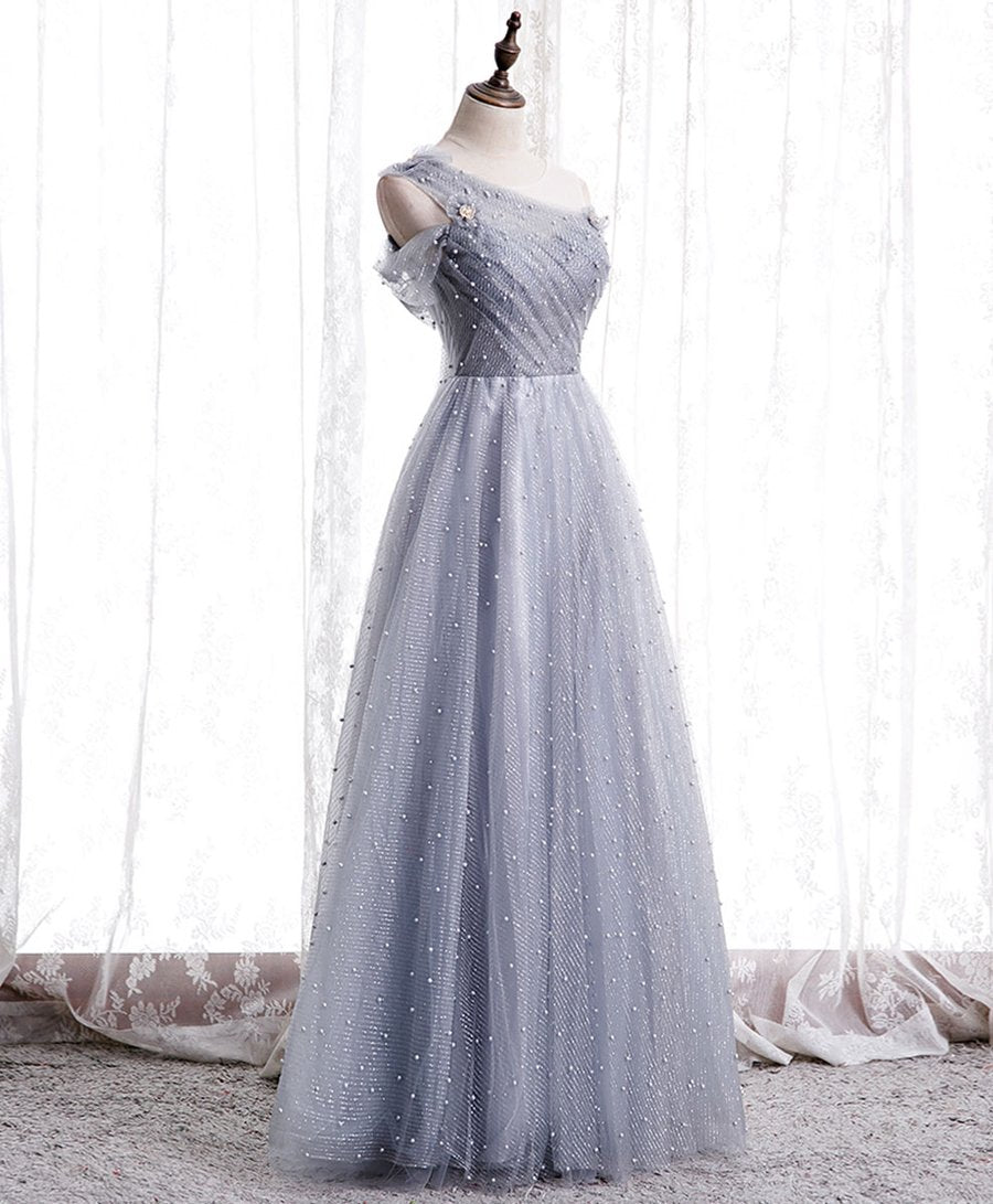 Robe de bal longue en tulle gris à une épaule robe de soirée en tulle gris BD64