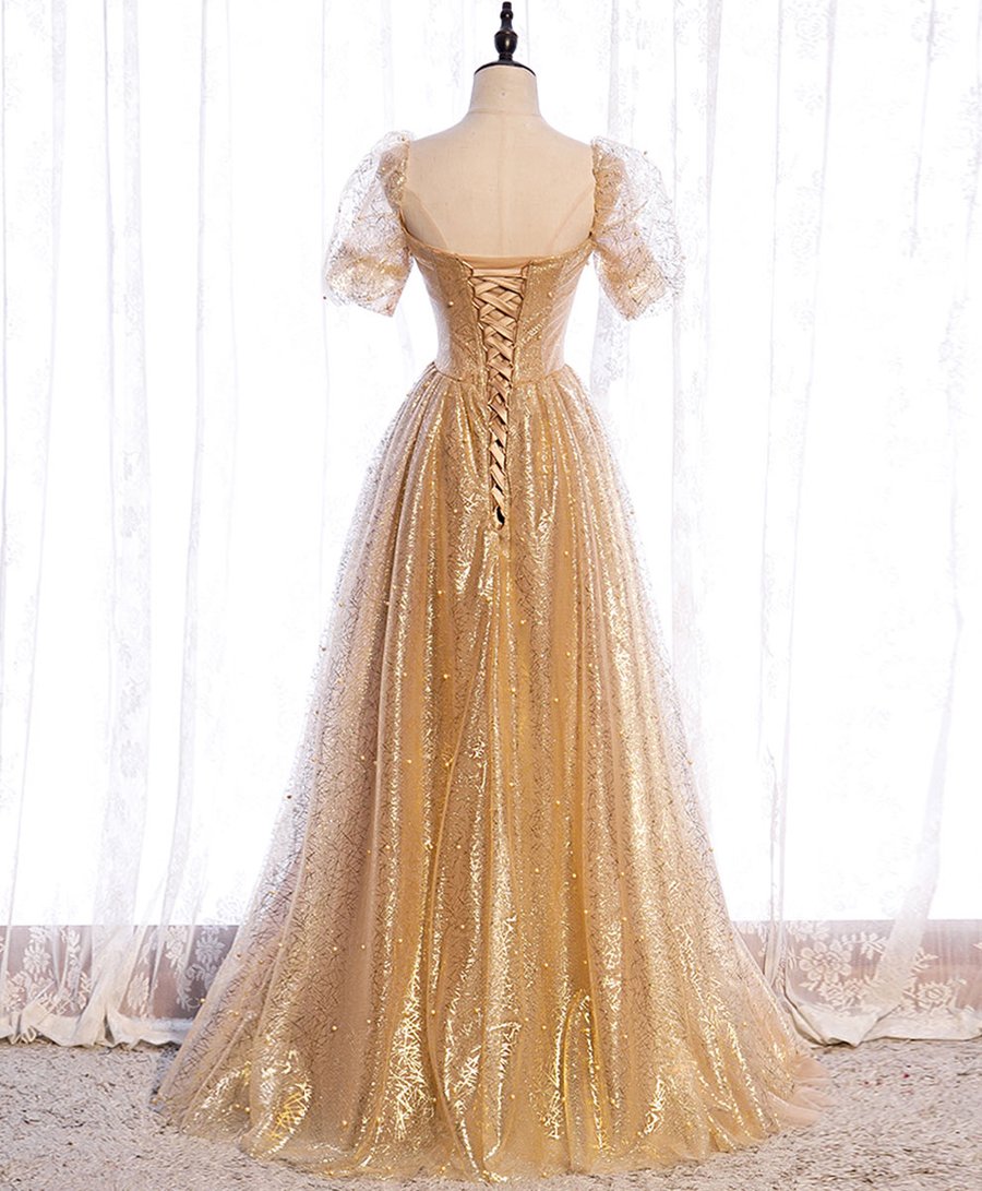 Gold tulle v neck long prom dress gold tulle formal dress BD78