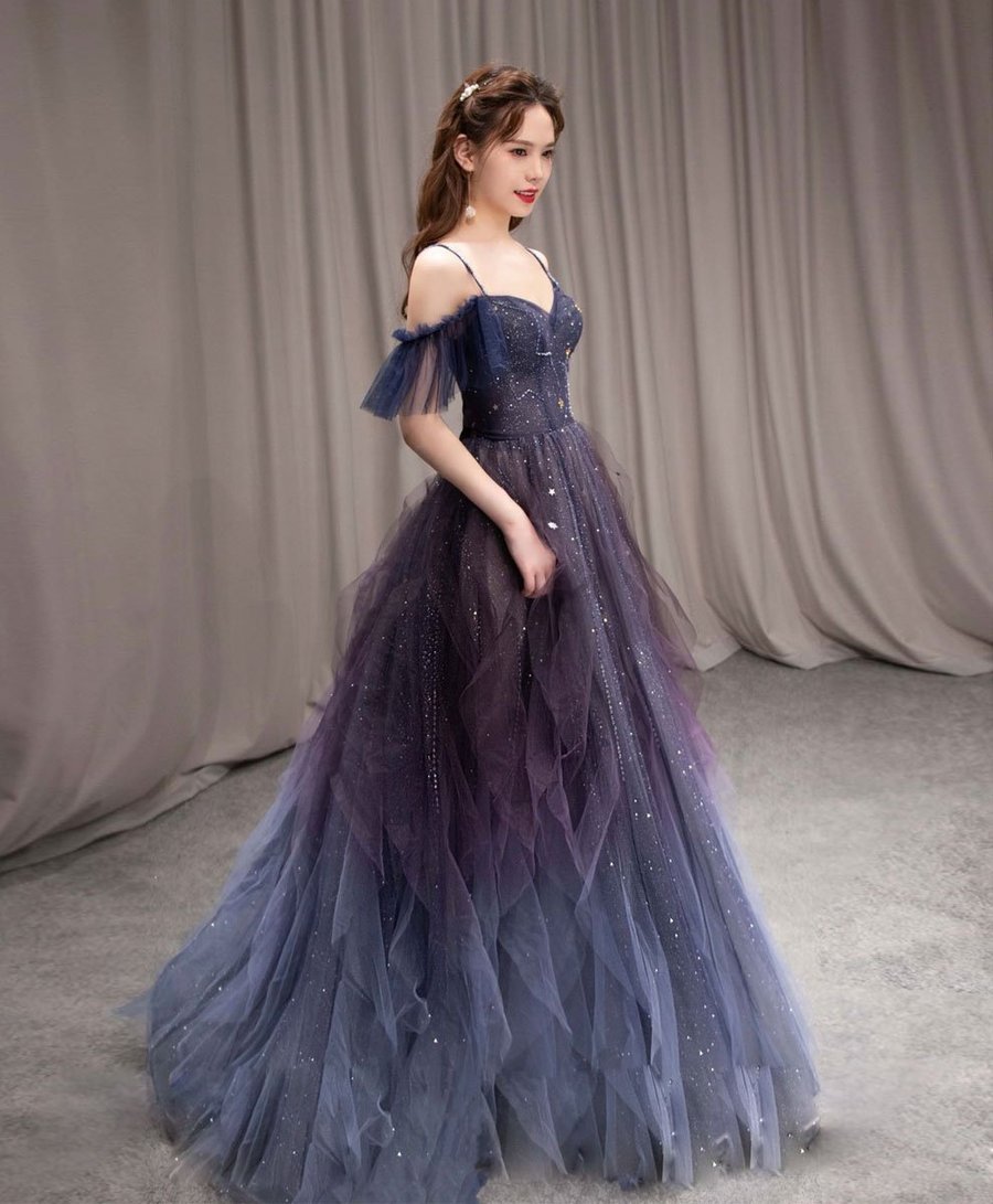 Purple tulle prom dress hotsell